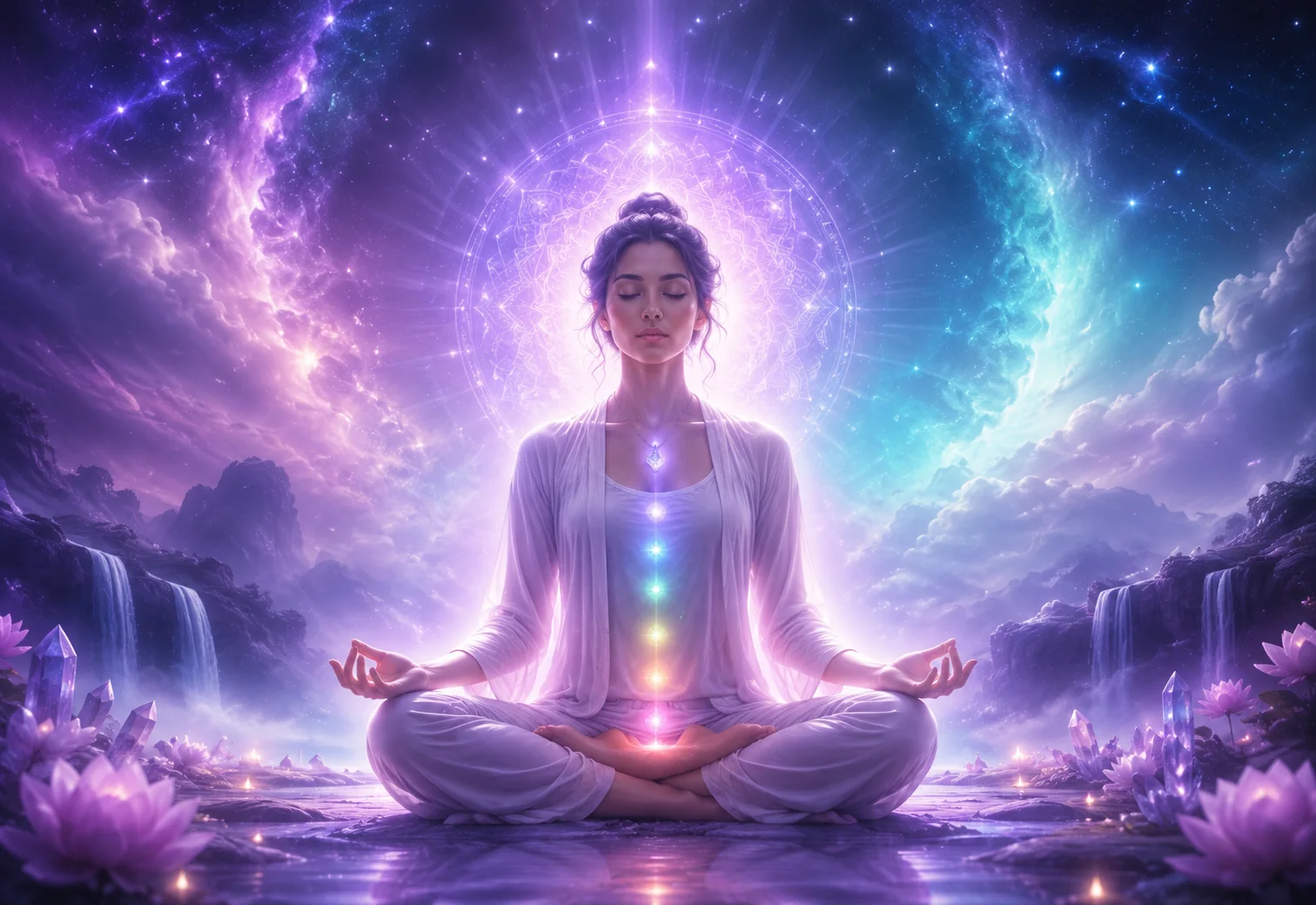 Peaceful person meditating with soft aura light for clearing body energy blocks