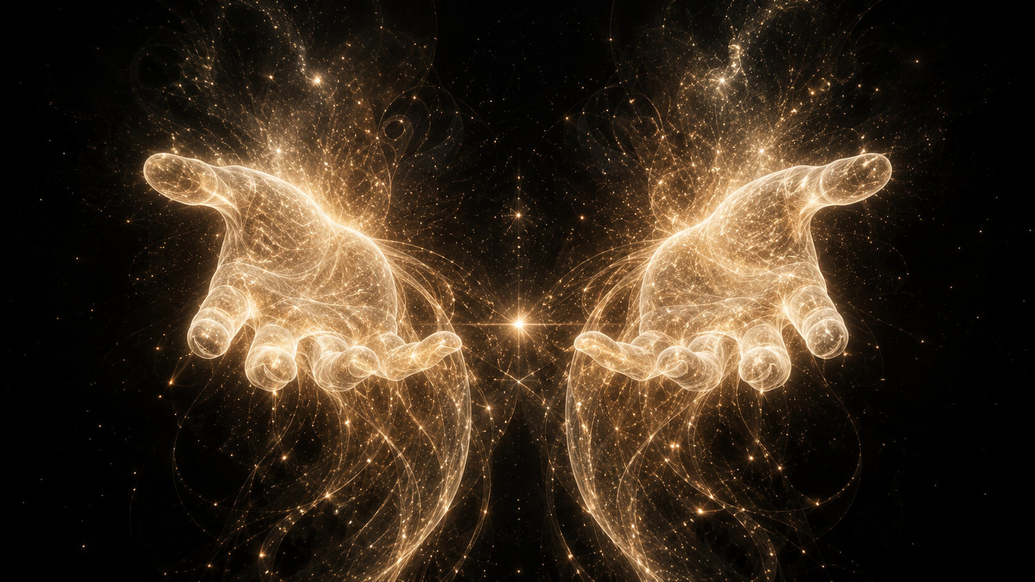 Golden hands and a luminous heart in a spiritual illustration