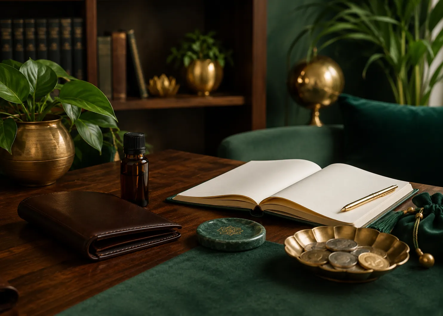 Money magnet oil beside a wallet and financial journal