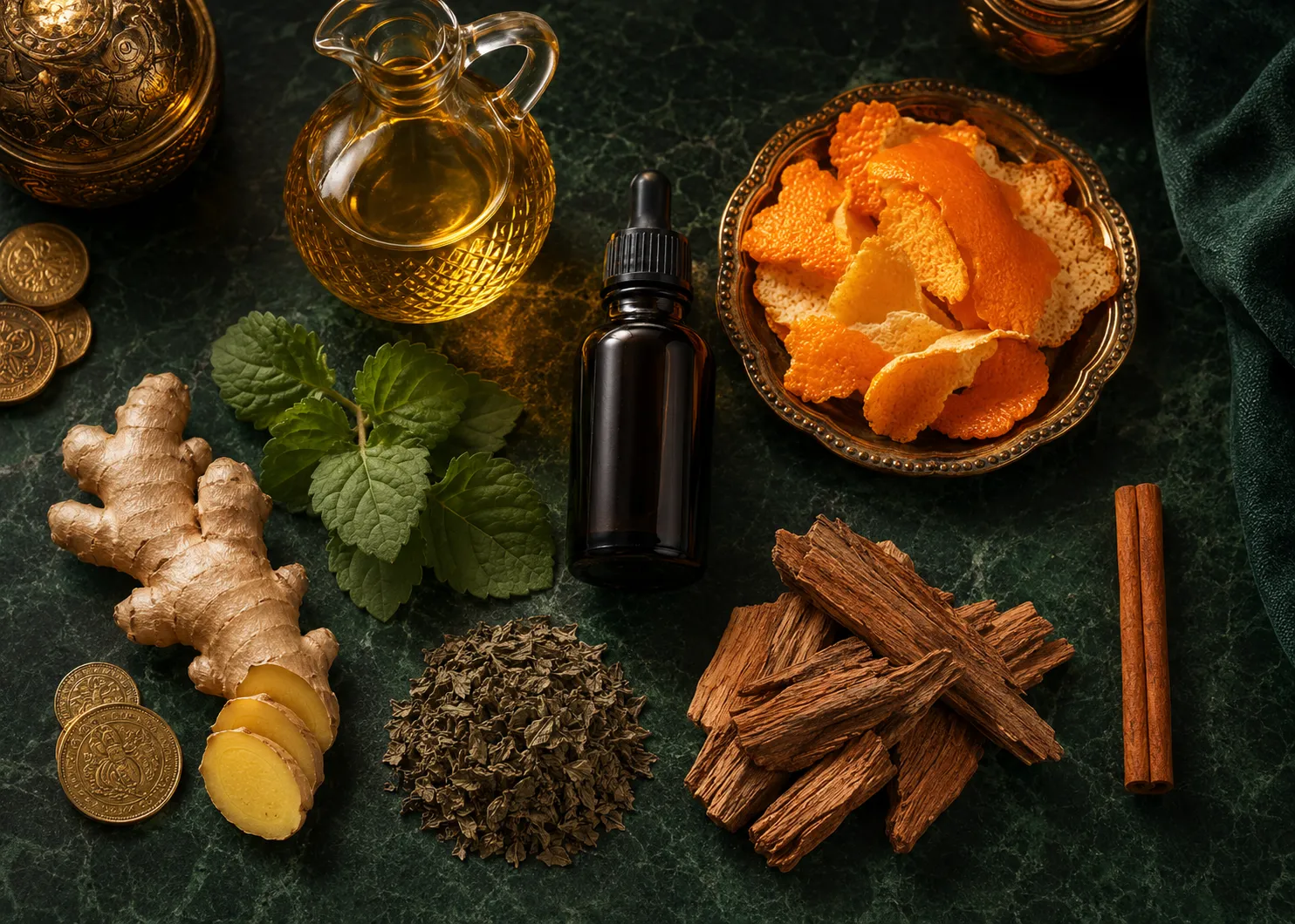 Money magnet oil ingredients arranged with citrus, herbs and essential oils