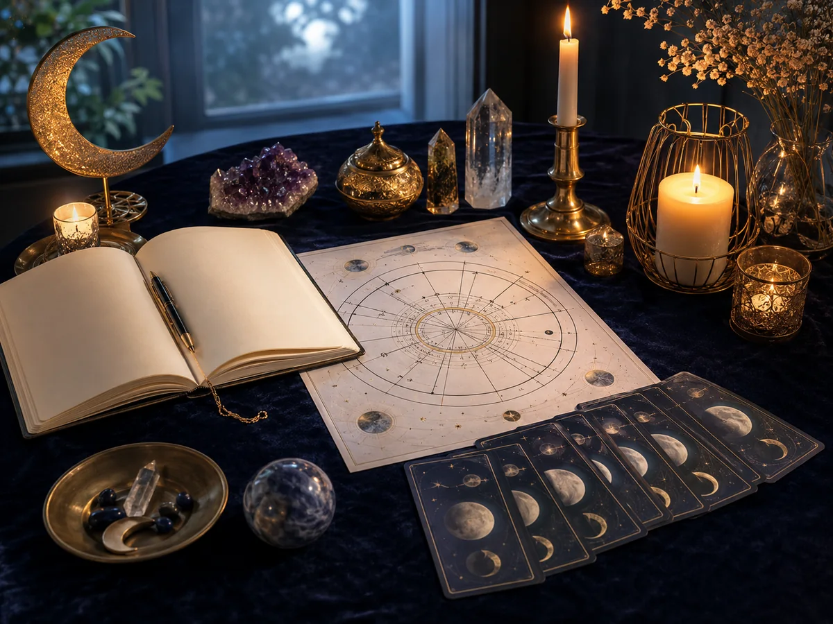 Moon reading session with chart, journal and reflective atmosphere