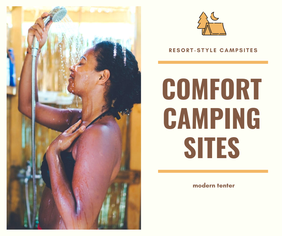 Comfort facilities at tent camping sites including showers and restrooms