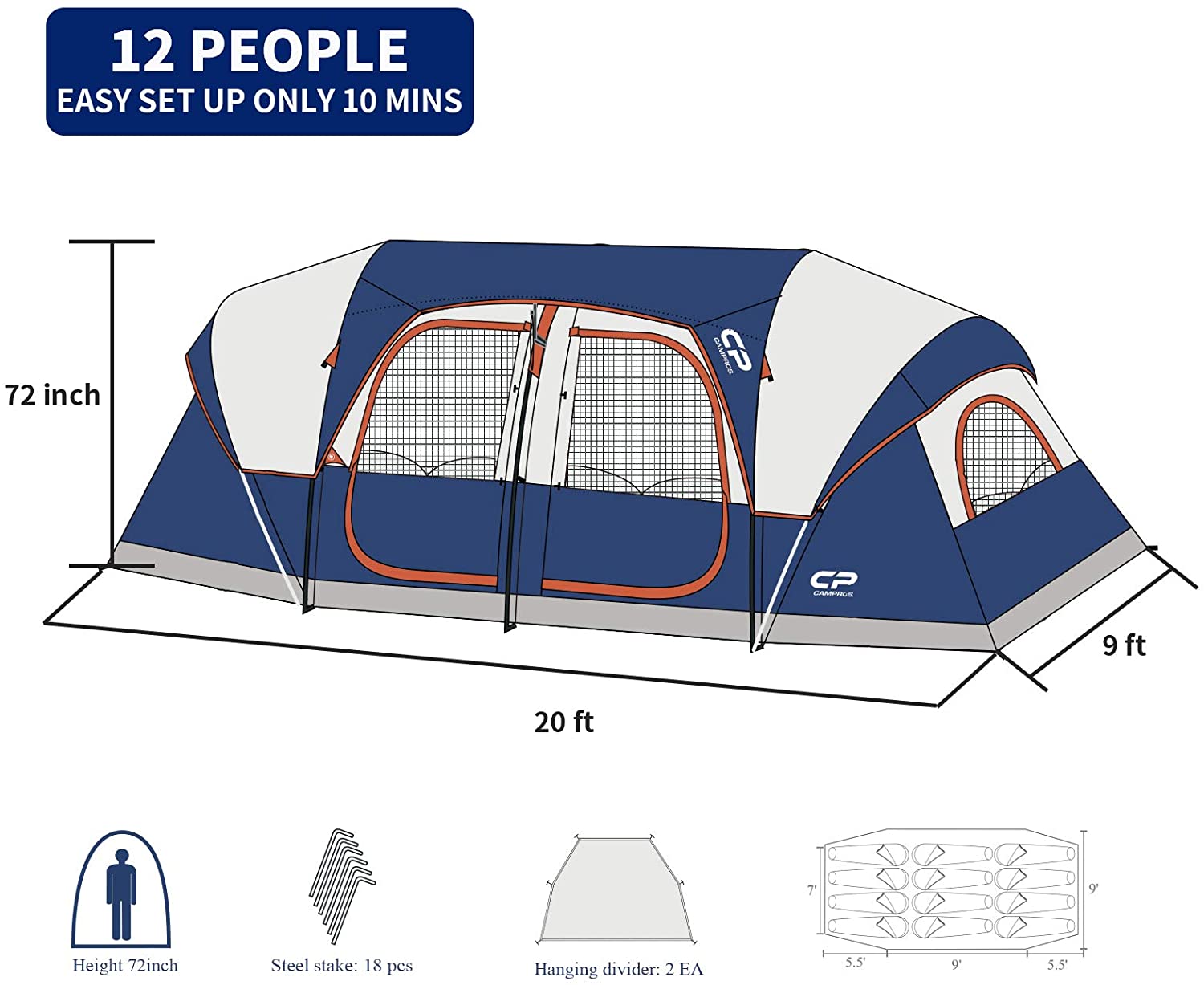 Large family camping tent setup