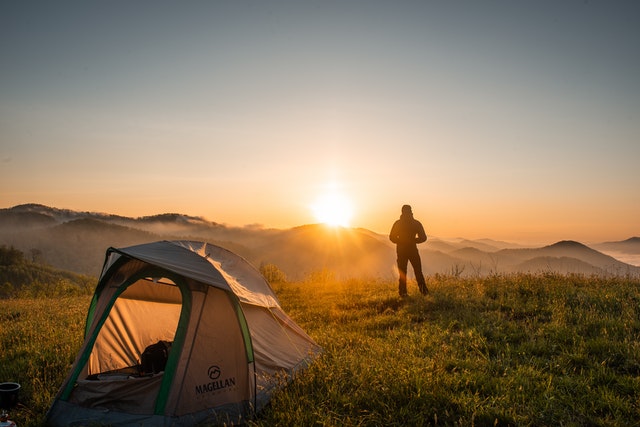 Camping tent in a forest setting