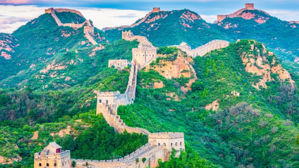 Great Wall of China across mountain ridges