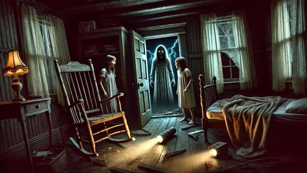 The sisters confront the unseen spirit in the locked room