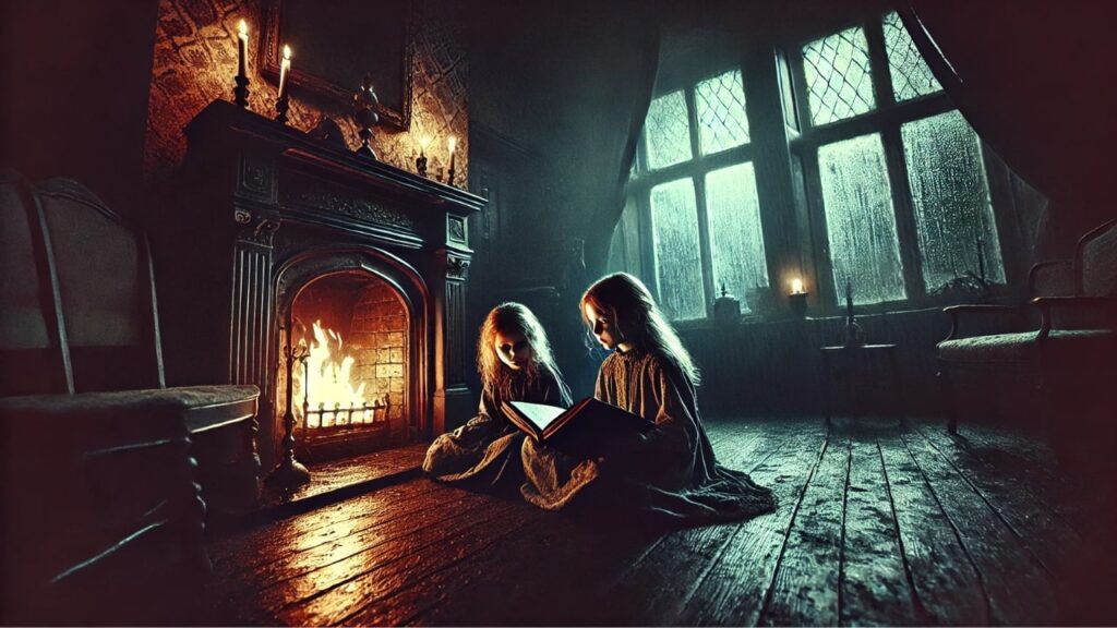 The two sisters read a diary by the fire during the storm