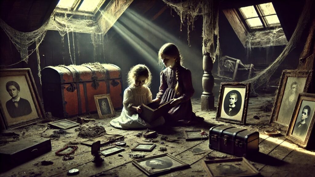 The sisters discover old photographs in the attic