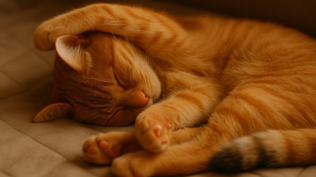 Cat sleeping in a stretched contortionist pose