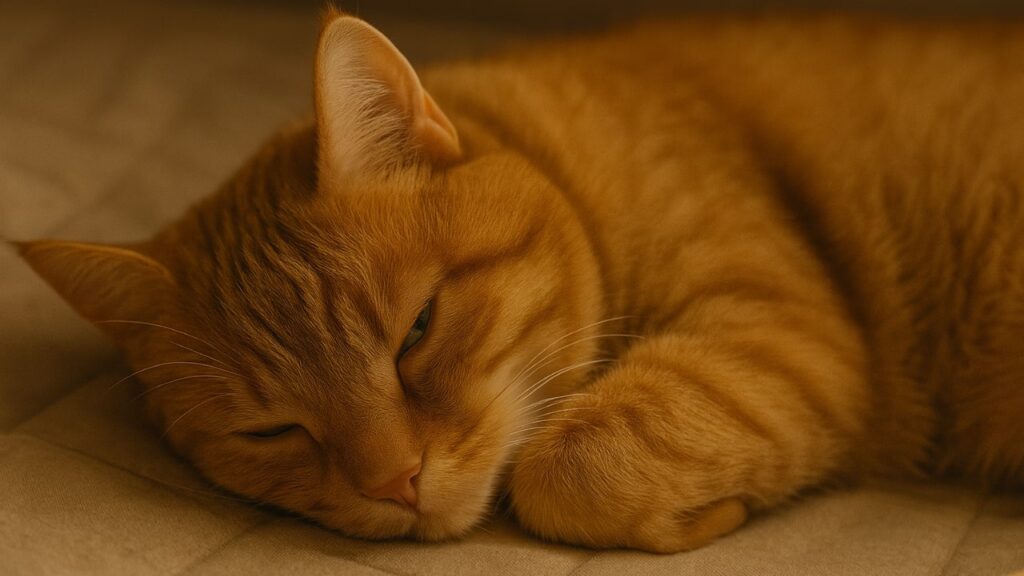 Cat sleeping with half closed eyes and twitching whiskers