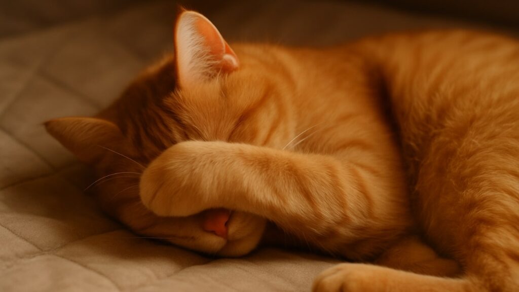 Cat sleeping with paws over eyes